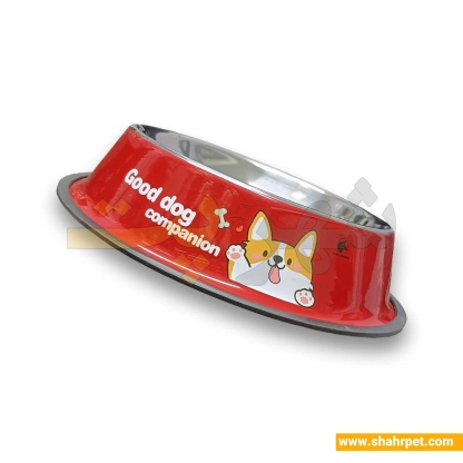 ظرف آب و غذای استیل قرمز طرح دار سگ و گربه متوسط